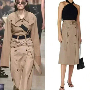 Rokh Midi Skirt 38 4 S Brown Beige Tan Twist Front Button Embellished Cotton